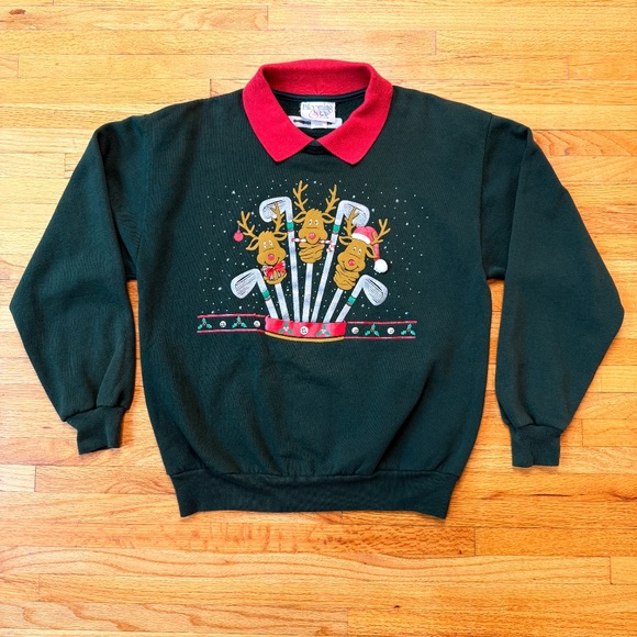 Vintage 90s Christmas Golf Sweatshirt Green Red Collar Reindeer Holiday Graphic - Picture 4 of 9